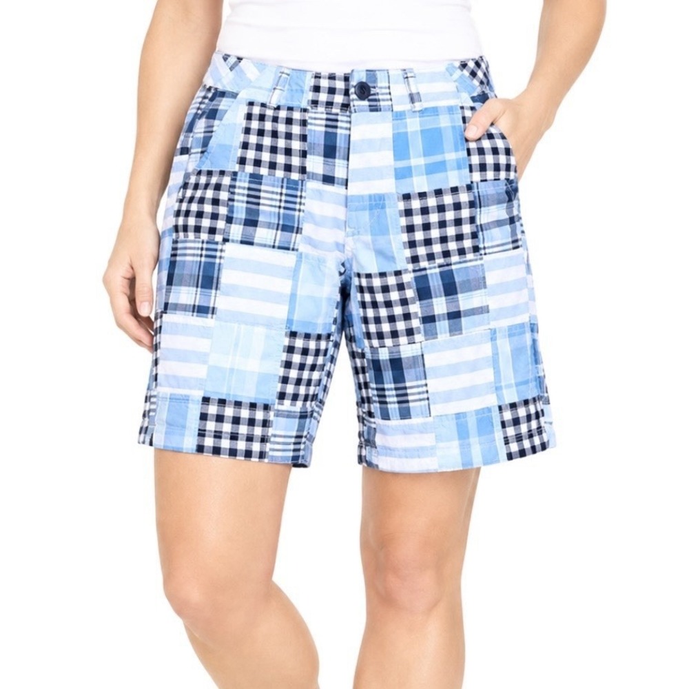 LL Bean Lakewashed Blue Patchwork Madras Plaid Chino Bermuda Shorts Pockets 16